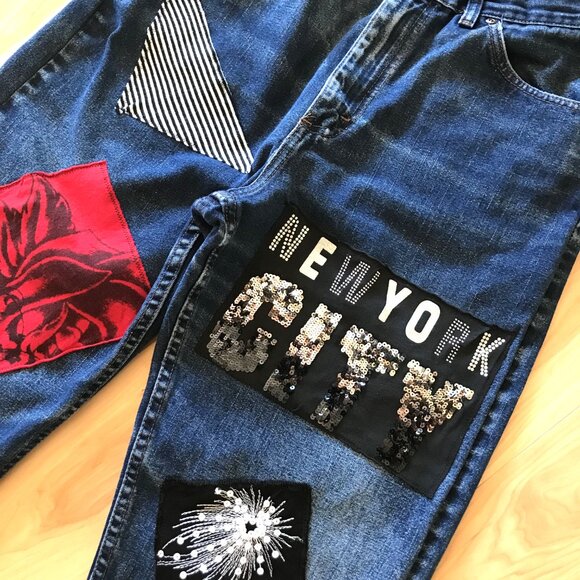 Patchwork Jeans for Women, Size 6: Upcycled New York Theme Sequined Denim Pants - Picture 11 of 11